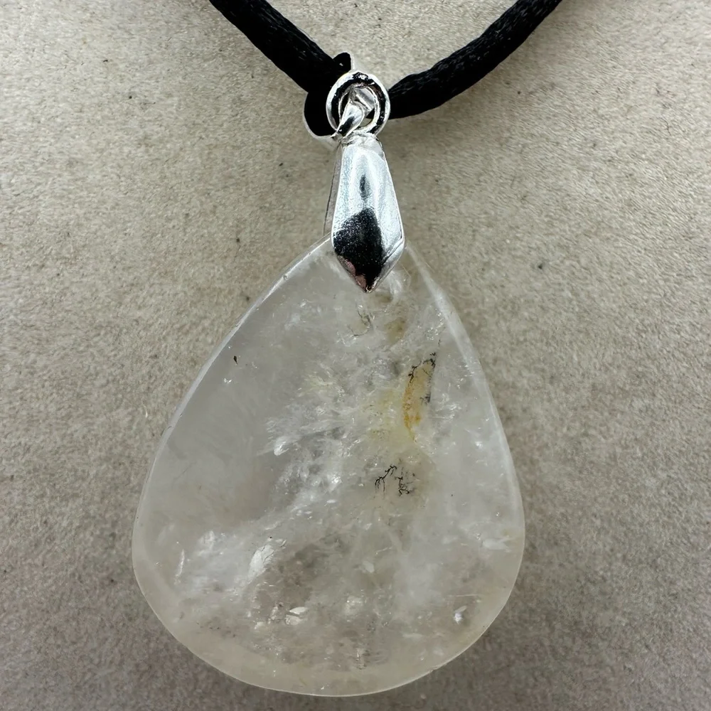 Dendritic Quartz Teardrop Pendant Necklace on Black Satin Tope